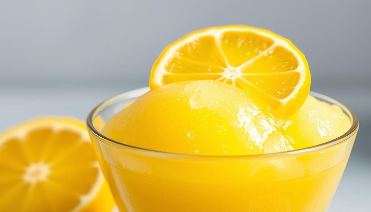 A vibrant lemon sorbet, freshly churned, glistening with a natural sheen, its vibrant yellow hue radiating warmth. Delicate ice crystals cling to the smooth, creamy surface, inviting a spoonful of the tart, refreshing treat. The sorbet is presented in a simple, elegant glass dish, accentuating its simplicity and purity of flavor. A single, perfectly ripe lemon slice rests atop the sorbet, a subtle nod to its key ingredient. Soft, natural lighting casts a gentle glow, highlighting the sorbet's inviting texture and color. The overall composition is clean, minimalist, and focused, allowing the sorbet to take center stage as the star of the scene. A vibrant lemon sorbet, freshly churned, glistening with a natural sheen, its vibrant yellow hue radiating warmth. Delicate ice crystals cling to the smooth, creamy surface, inviting a spoonful of the tart, refreshing treat. The sorbet is presented in a simple, elegant glass dish, accentuating its simplicity and purity of flavor. A single, perfectly ripe lemon slice rests atop the sorbet, a subtle nod to its key ingredient. Soft, natural lighting casts a gentle glow, highlighting the sorbet's inviting texture and color. The overall composition is clean, minimalist, and focused, allowing the sorbet to take center stage as the star of the scene.