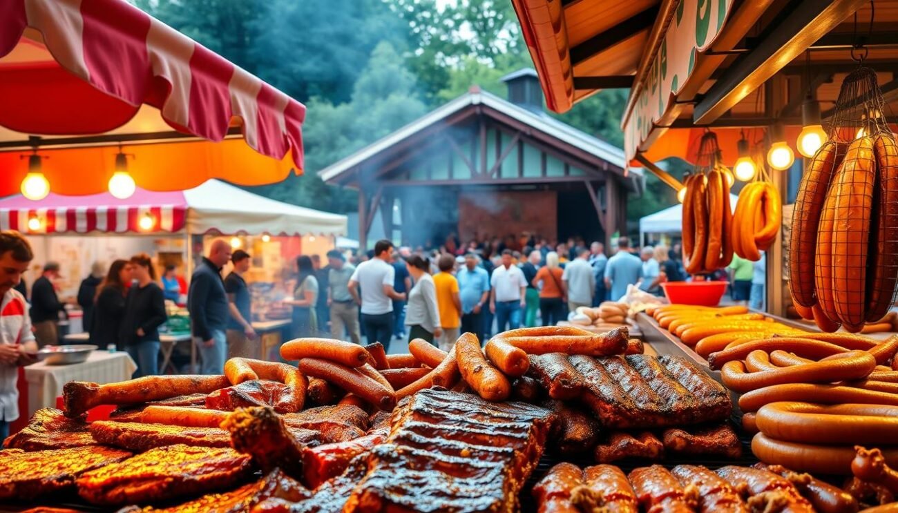 A vibrant open-air festival celebrating traditional Italian meats and sausages. In the foreground, a bustling food stall with sizzling grilled ribs and sausages, the rich aroma filling the air. In the middle ground, lively crowds mingle between colorful vendor tents, sampling local specialties. The background features a rustic pavilion stage, where musicians perform traditional folk music. Warm, golden lighting casts a convivial glow over the scene, evoking the conviviality and heritage of Italy's legendary meat-centric festivals.