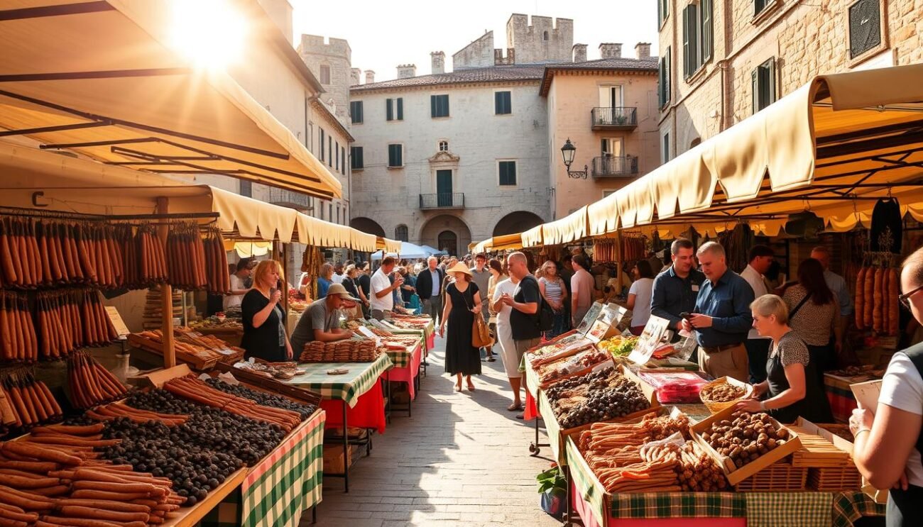 A vibrant open-air market in the historic town of Norcia, Umbria. Rows of stalls overflowing with locally-sourced salami, sausages, and the prized black truffles of the region. Artisanal vendors in traditional dress enthusiastically showcasing their wares as locals and visitors alike browse the bustling scene. Warm Mediterranean sunlight filters through the canopies, casting a golden glow over the lively event. In the background, the ancient stone architecture of Norcia's medieval center provides a timeless backdrop to this annual celebration of Umbrian food and culture - the renowned Nero Norcia festival.