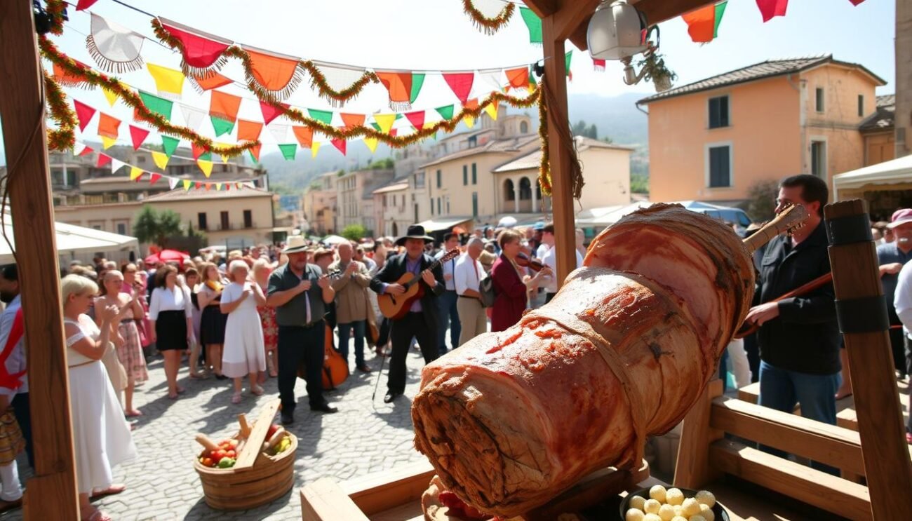 A vibrant outdoor celebration in the heart of Abruzzo, Italy. A large wooden stage is adorned with colorful banners and garlands, setting the stage for the Sagra della Porchetta Italica. In the foreground, a majestic porchetta roast sizzles on a spit, its crispy skin glistening under the warm Mediterranean sun. Surrounded by an enthusiastic crowd, the aroma of slow-roasted pork fills the air, enticing all to indulge in this centuries-old culinary tradition. In the middle ground, traditional folk musicians play lively melodies, their instruments echoing the joy and festivity of the occasion. The background reveals a picturesque village, its historic buildings and cobblestone streets providing a timeless backdrop to this vibrant celebration of Italian culture and gastronomy.