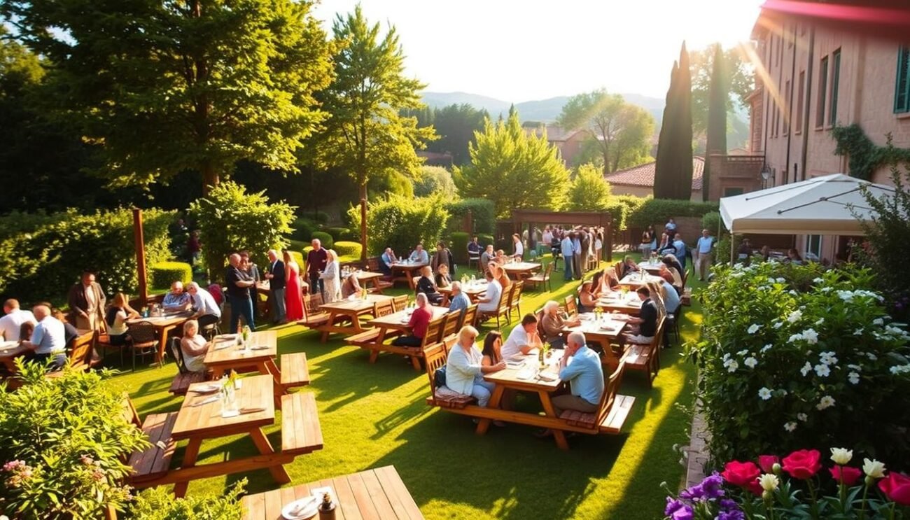 A vibrant outdoor event in the lush gardens of Cortona, Italy. Rows of wooden tables are set up on the manicured parterre, surrounded by verdant foliage and blooming flowers. Guests gather to enjoy the renowned bistecca alla fiorentina, the iconic Tuscan steak, as part of the 63rd annual Sagra della Bistecca festival. Warm afternoon sunlight filters through the trees, casting a golden glow over the convivial scene. The atmosphere is one of community, tradition, and the celebration of local culinary delights.