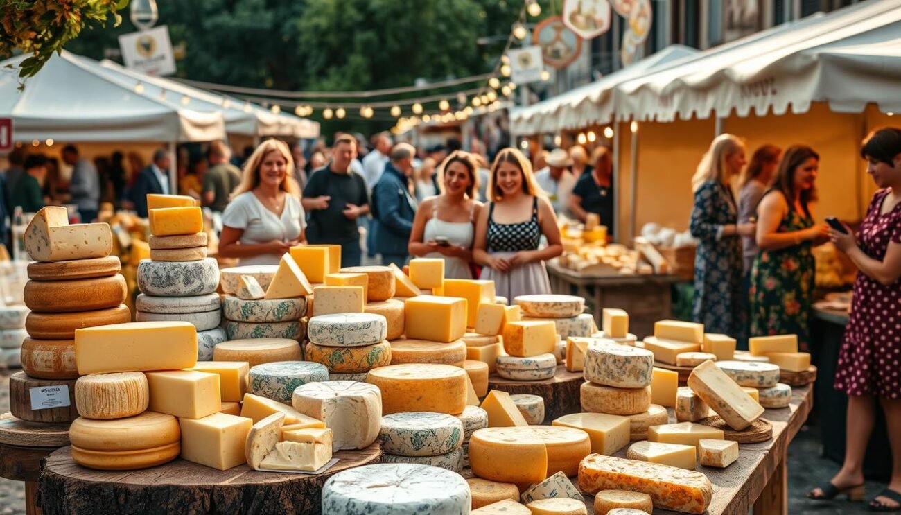 A vibrant outdoor festival featuring an assortment of artisanal Italian cheeses. The foreground showcases various cheese wheels, wedges, and samples arranged on rustic wooden tables, their textures and flavors inviting visitors to indulge. In the middle ground, smiling vendors in traditional attire offer tastings and share the stories behind their family-run dairy farms. The background depicts a lively gathering of locals and tourists, wandering between stalls and enjoying the lively atmosphere of live music, local cuisine, and regional specialties. Warm, golden lighting casts a cozy glow, highlighting the rich colors and textures of the cheeses and the joyful camaraderie of the festival-goers.