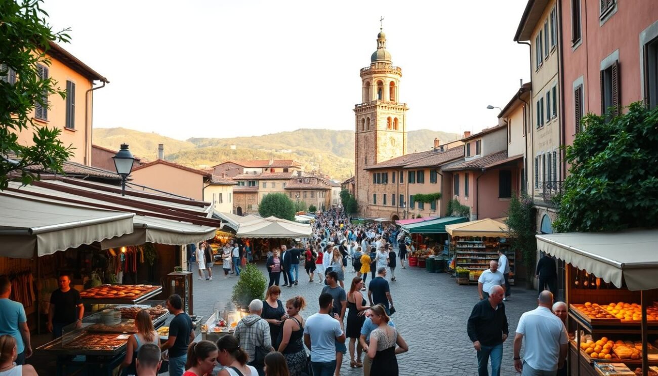 A vibrant outdoor food festival in a quaint Italian town, with artisanal stalls offering a tempting array of regional specialties. In the foreground, a lively crowd gathers around a central piazza, the air alive with the aroma of sizzling meats and simmering sauces. In the middle ground, a picturesque medieval church tower rises against a backdrop of rolling hills, its warm golden hues bathed in soft, diffused sunlight. In the distance, a winding cobblestone street leads to a bustling central market, where locals and visitors alike browse an abundance of fresh produce, handcrafted cheeses, and traditional baked goods. The scene exudes a sense of community, tradition, and culinary excellence, perfectly capturing the essence of the local gastronomic celebrations.