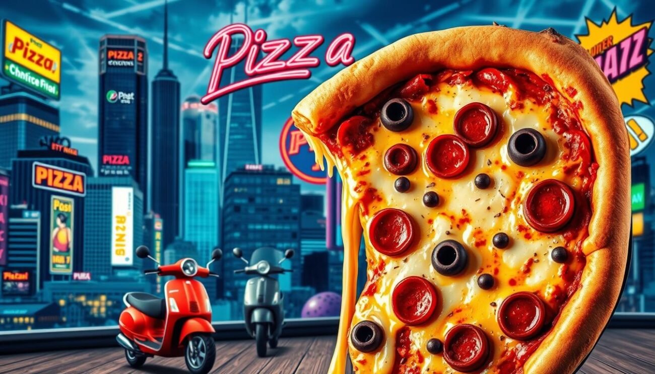 A vibrant, pop art-inspired scene depicting iconic pizza imagery against a dynamic cityscape backdrop. The foreground features a larger-than-life pizza slice, dripping with melted cheese and topped with pepperoni, mushrooms, and olives. The middle ground showcases various recognizable pop culture elements, such as a neon-lit "Pizza" sign, retro-style pizza delivery scooters, and comic book-inspired graphics. The background presents a bustling urban landscape with towering skyscrapers, neon lights, and a sense of energy and movement. The overall composition conveys a playful, whimsical interpretation of pizza's ubiquitous presence in contemporary Italian and global popular culture.