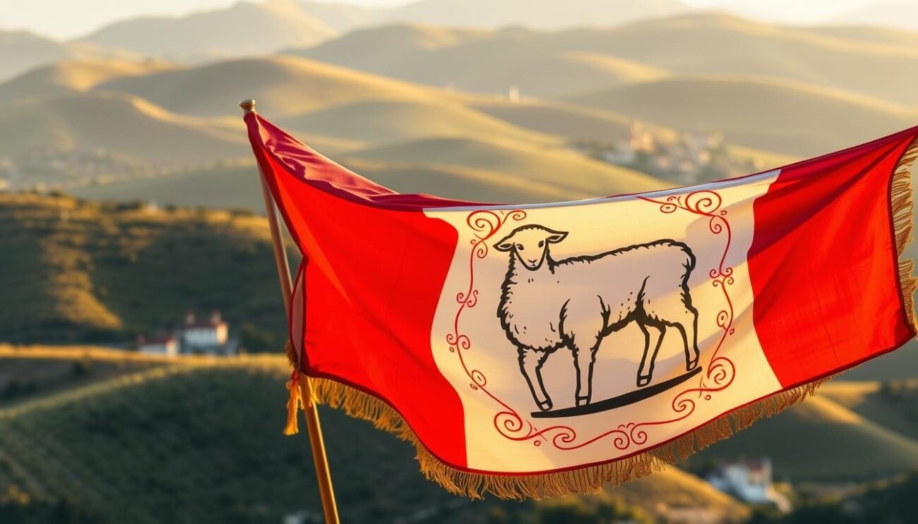 A vibrant red and white banner unfurls against a backdrop of rolling Puglian hills. The intricate design of the 'Nzegna, the traditional flag of Carovigno, features a striking, stylized lamb at the center, its fleece shimmering under the warm, golden light. The flag's edges are adorned with decorative flourishes, evoking the rich cultural heritage of the region. In the distance, a picturesque village nestles amidst the verdant landscape, hinting at the centuries-old traditions celebrated during the Festa dell'Agnello. The overall scene conveys a sense of timeless tradition, regional pride, and the enduring importance of the lamb in Puglian culture.