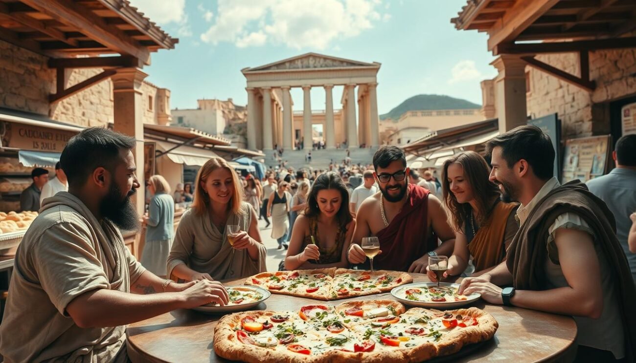 A vibrant scene of ancient Greek life unfolds - a bustling marketplace, where the aroma of freshly baked bread, seasoned with herbs and olive oil, fills the air. In the foreground, a group of friends gathers around a communal table, sharing a meal of the iconic plakous, a proto-pizza made with a simple dough base and topped with a variety of local ingredients. The middle ground reveals the bustling activity of the market, with vendors selling their wares and patrons engaging in lively conversation. In the background, the imposing architecture of ancient Greece stands tall, casting a warm, golden glow over the scene. The overall atmosphere conveys the social and cultural significance of this shared culinary experience in the heart of the ancient Greek world. A vibrant scene of ancient Greek life unfolds - a bustling marketplace, where the aroma of freshly baked bread, seasoned with herbs and olive oil, fills the air. In the foreground, a group of friends gathers around a communal table, sharing a meal of the iconic plakous, a proto-pizza made with a simple dough base and topped with a variety of local ingredients. The middle ground reveals the bustling activity of the market, with vendors selling their wares and patrons engaging in lively conversation. In the background, the imposing architecture of ancient Greece stands tall, casting a warm, golden glow over the scene. The overall atmosphere conveys the social and cultural significance of this shared culinary experience in the heart of the ancient Greek world.
