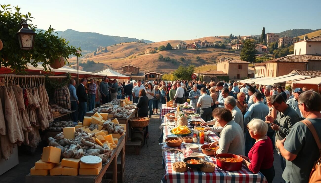 A vibrant scene of the Sagra della Pecora, a traditional Lazio culinary celebration. In the foreground, a bustling outdoor market with vendors offering freshly butchered lamb, handcrafted cheeses, and rustic breads. The middle ground features locals gathered around long tables, sharing plates of hearty stews and roasted meats, accompanied by the lively sounds of traditional music. In the background, a picturesque Lazio countryside, rolling hills, and quaint village homes bathed in warm, golden sunlight. The atmosphere is one of community, tradition, and a deep appreciation for the region's rich culinary heritage.