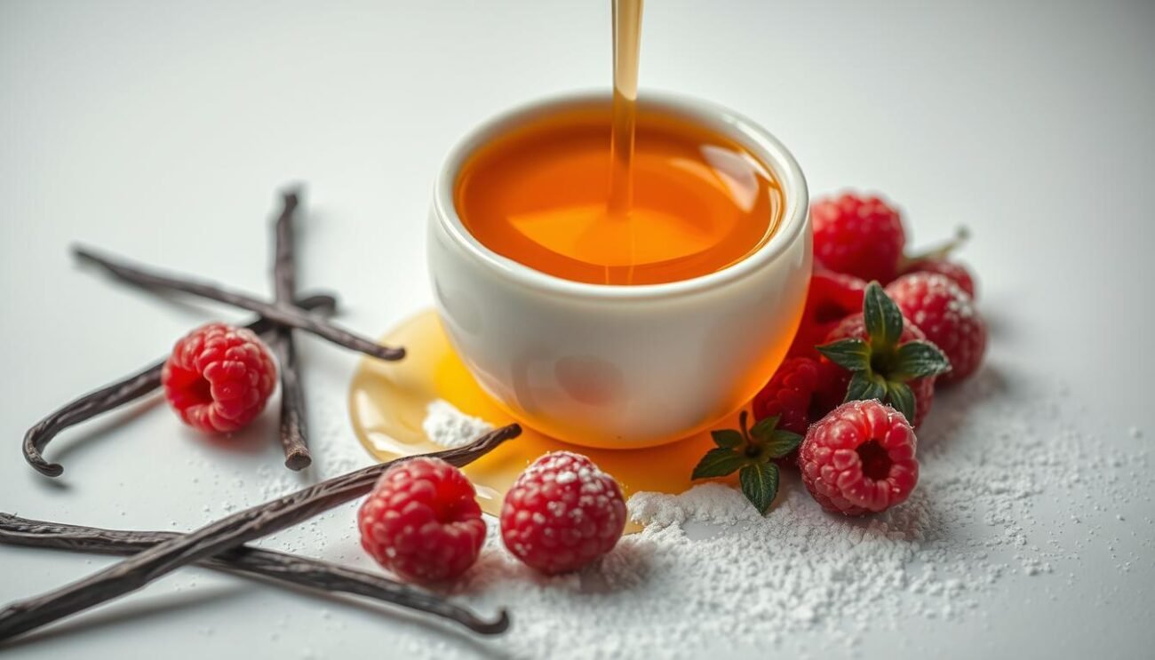 A vibrant still life capturing the unique properties of honey in Italian pastry-making. Warm, golden honey glistens in a delicate ceramic vessel, surrounded by an array of fresh ingredients - fragrant vanilla beans, plump raspberries, and a dusting of powdered sugar. The composition is elegantly framed by a soft, diffused light, accentuating the honey's rich color and thick, viscous texture. The overall mood evokes a sense of culinary artistry and the harmonious balance of flavors essential to exceptional pastry. A clean, minimalist background allows the honey and its complementary elements to take center stage, showcasing their unparalleled role in creating the finest Italian desserts.