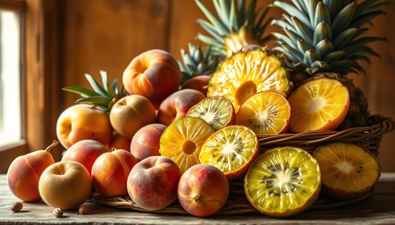 A vibrant still life featuring an array of luscious, ripe fruits - plump, juicy peaches, fuzzy-skinned kiwis, and glistening golden pineapple slices. The sun-dappled scene is set against a warm, rustic backdrop, with a woven wicker basket in the foreground overflowing with these natural sweeteners. Soft, diffused lighting casts a cozy, inviting glow, highlighting the rich colors and textures of the bountiful harvest. This wholesome, earthy tableau captures the essence of "frutta dolcificante" - the ultimate in pure, unrefined, plant-based sweetness.
