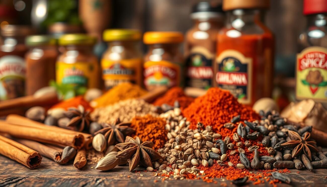 A vibrant still life featuring an assortment of exotic spices. In the foreground, a collection of whole and ground spices, including cinnamon sticks, cardamom pods, star anise, and whole cloves, arranged on a rustic wooden surface. The middle ground showcases a variety of spice jars, their labels hinting at the diverse origins and flavors. In the background, a warm, ambient lighting casts a cozy glow, accentuating the rich colors and textures of the spices. The overall composition evokes a sense of warmth, intrigue, and the promise of culinary exploration.