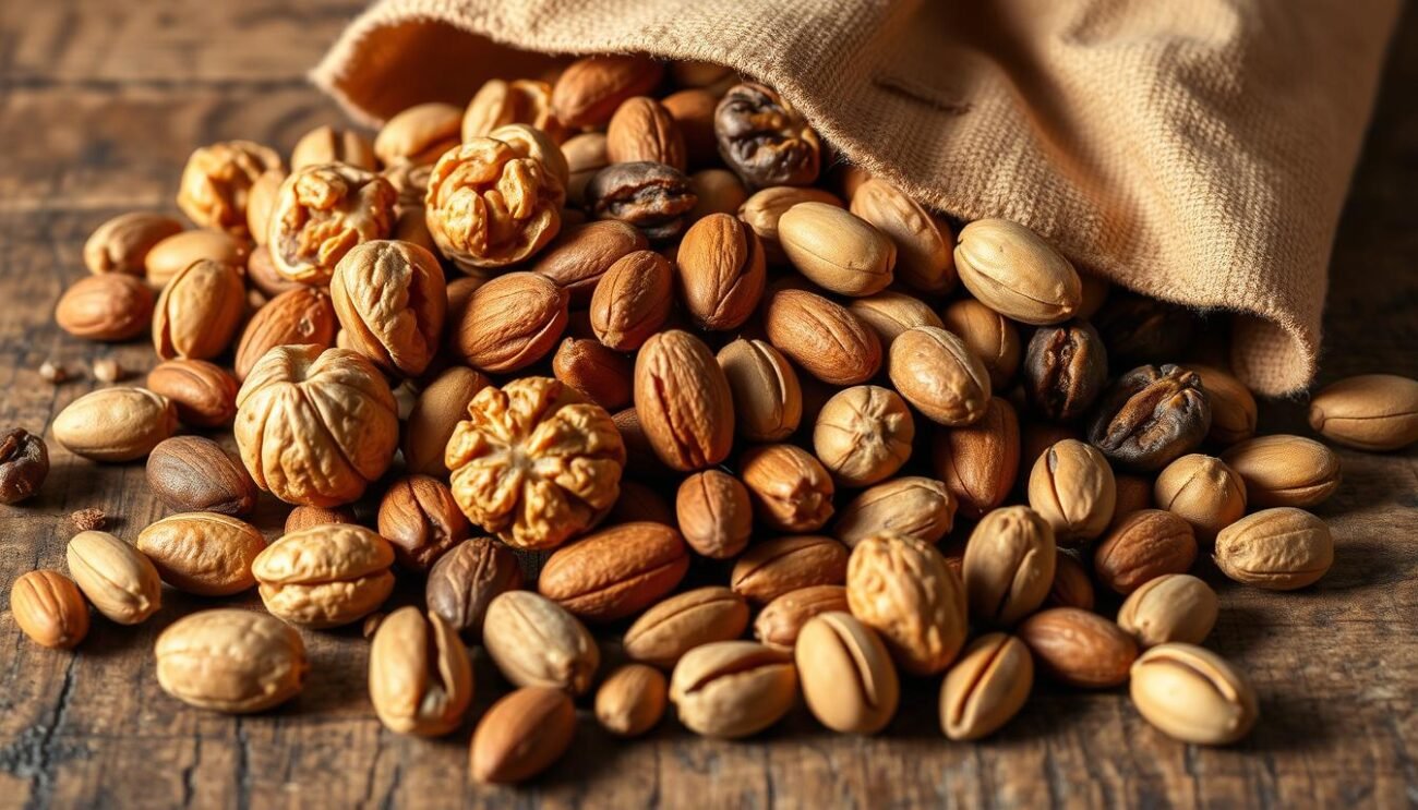 A vibrant still life of an assortment of high-quality dried fruits, prominently featuring walnuts, almonds, and pistachios. The nuts are arranged in a natural, artisanal manner on a rustic wooden surface, with their warm, earthy tones complemented by the deep browns and tans of the dried fruits. Soft, diffused lighting casts gentle shadows, creating a cozy, inviting atmosphere. The composition is balanced and visually appealing, capturing the beauty and versatility of these classic baking ingredients. The image exudes a sense of artisanal craftsmanship and the comforting flavors of traditional Italian desserts.