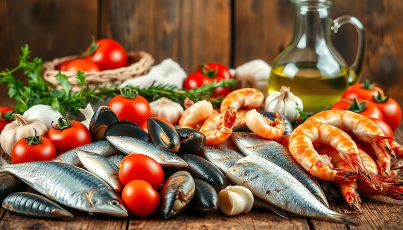 A vibrant still life of fresh seafood ingredients for a traditional Marchigiano fish stew. In the foreground, a variety of just-caught fish - silvery anchovies, plump mussels, and succulent shrimp. In the middle ground, juicy tomatoes, aromatic garlic, and fragrant herbs like rosemary and parsley. The background features a rustic wooden table, with a simple linen cloth and a glass carafe of local white wine. Warm, golden lighting casts a cozy glow over the scene, hinting at the hearty, flavorful dish to come. The overall mood is one of honest, authentic Italian cuisine, perfect for illustrating the ingredients of a classic Guazzetto di Pesce. A vibrant still life of fresh seafood ingredients for a traditional Marchigiano fish stew. In the foreground, a variety of just-caught fish - silvery anchovies, plump mussels, and succulent shrimp. In the middle ground, juicy tomatoes, aromatic garlic, and fragrant herbs like rosemary and parsley. The background features a rustic wooden table, with a simple linen cloth and a glass carafe of local white wine. Warm, golden lighting casts a cozy glow over the scene, hinting at the hearty, flavorful dish to come. The overall mood is one of honest, authentic Italian cuisine, perfect for illustrating the ingredients of a classic Guazzetto di Pesce.