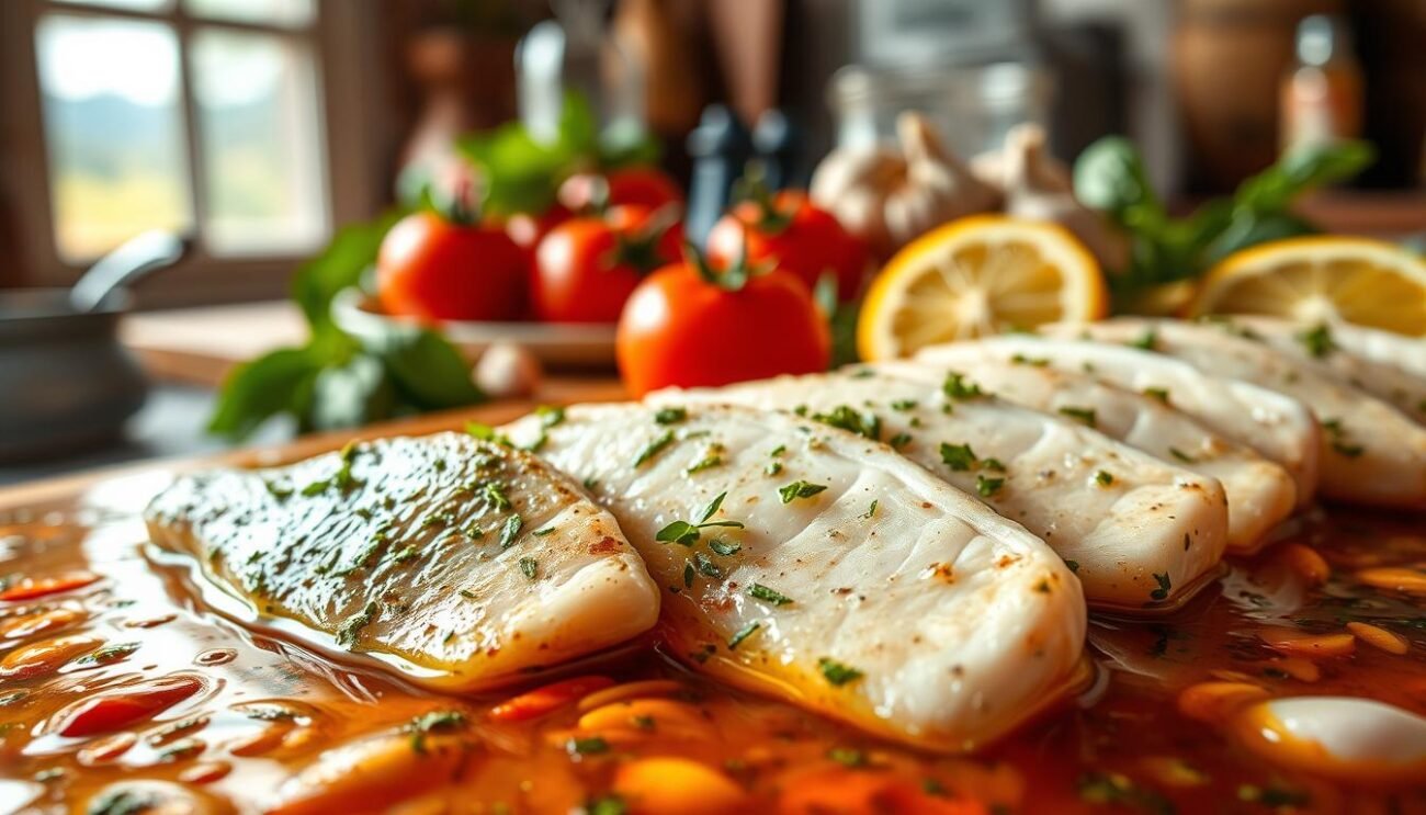 A vibrant still life showcasing the artful marinade of fresh swordfish, set against a backdrop of rustic Italian kitchen. In the foreground, glistening slivers of swordfish submerged in a richly hued, aromatic mixture of olive oil, lemon, herbs, and spices. The middle ground features an arrangement of Mediterranean ingredients - juicy tomatoes, fragrant basil, and robust garlic cloves - hinting at the flavors to come. Soft, warm lighting casts an inviting glow, evoking the sun-drenched coastal atmosphere of Sicily. The overall composition exudes a sense of culinary craftsmanship and anticipation, perfectly capturing the essence of the "Perfect Marinade" section.