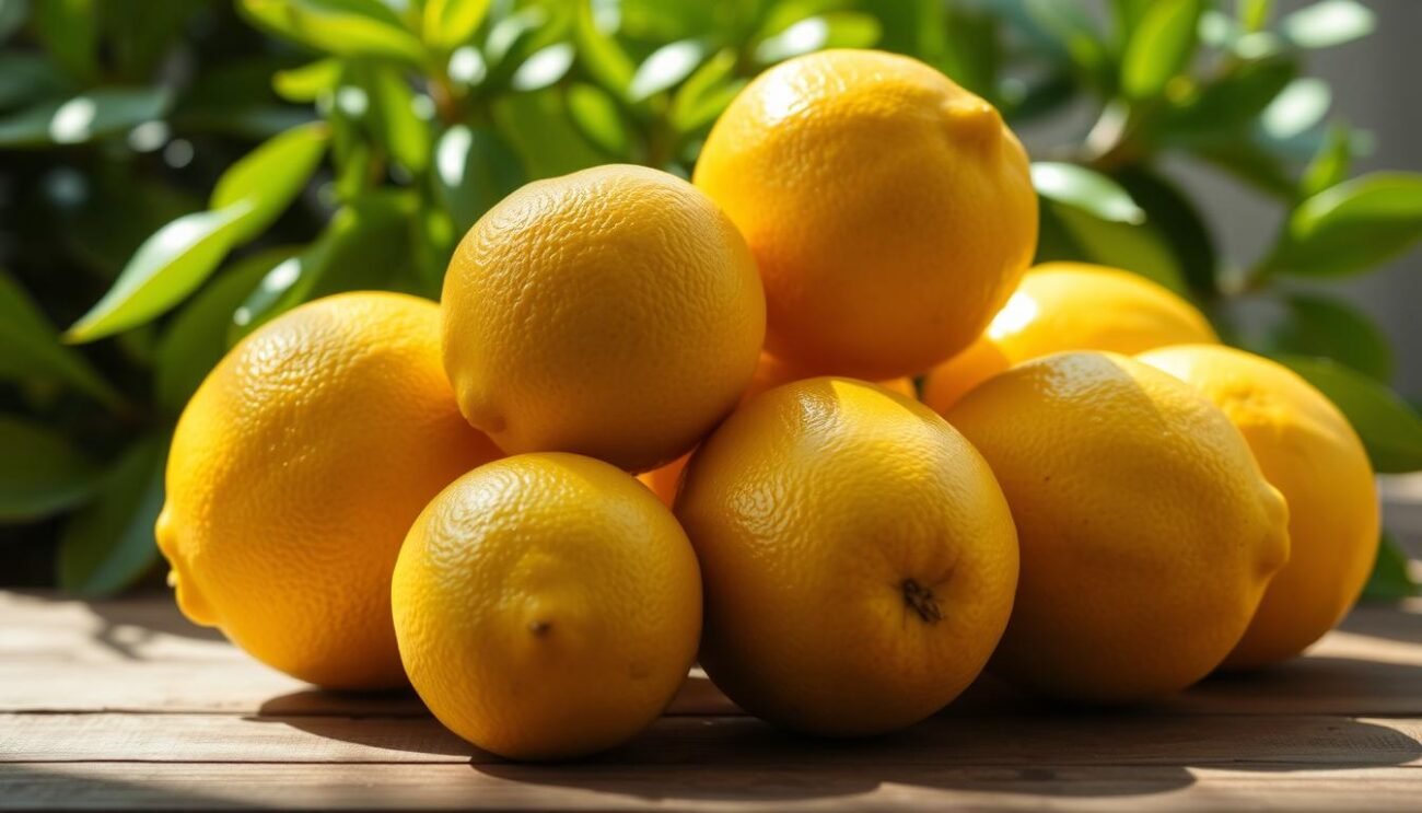 A vibrant, sun-drenched still life featuring a cluster of fresh, plump lemons. The lemons, with their deep yellow hues and glistening peels, are the focal point, nestled on a rustic wooden surface. Soft, diffused lighting casts gentle shadows, highlighting the lemon's natural contours and texture. In the background, a hint of lush, verdant foliage adds a sense of lush, Mediterranean atmosphere. The overall composition is elegant and simple, emphasizing the inherent beauty and the beneficial properties of this versatile citrus fruit. A vibrant, sun-drenched still life featuring a cluster of fresh, plump lemons. The lemons, with their deep yellow hues and glistening peels, are the focal point, nestled on a rustic wooden surface. Soft, diffused lighting casts gentle shadows, highlighting the lemon's natural contours and texture. In the background, a hint of lush, verdant foliage adds a sense of lush, Mediterranean atmosphere. The overall composition is elegant and simple, emphasizing the inherent beauty and the beneficial properties of this versatile citrus fruit.