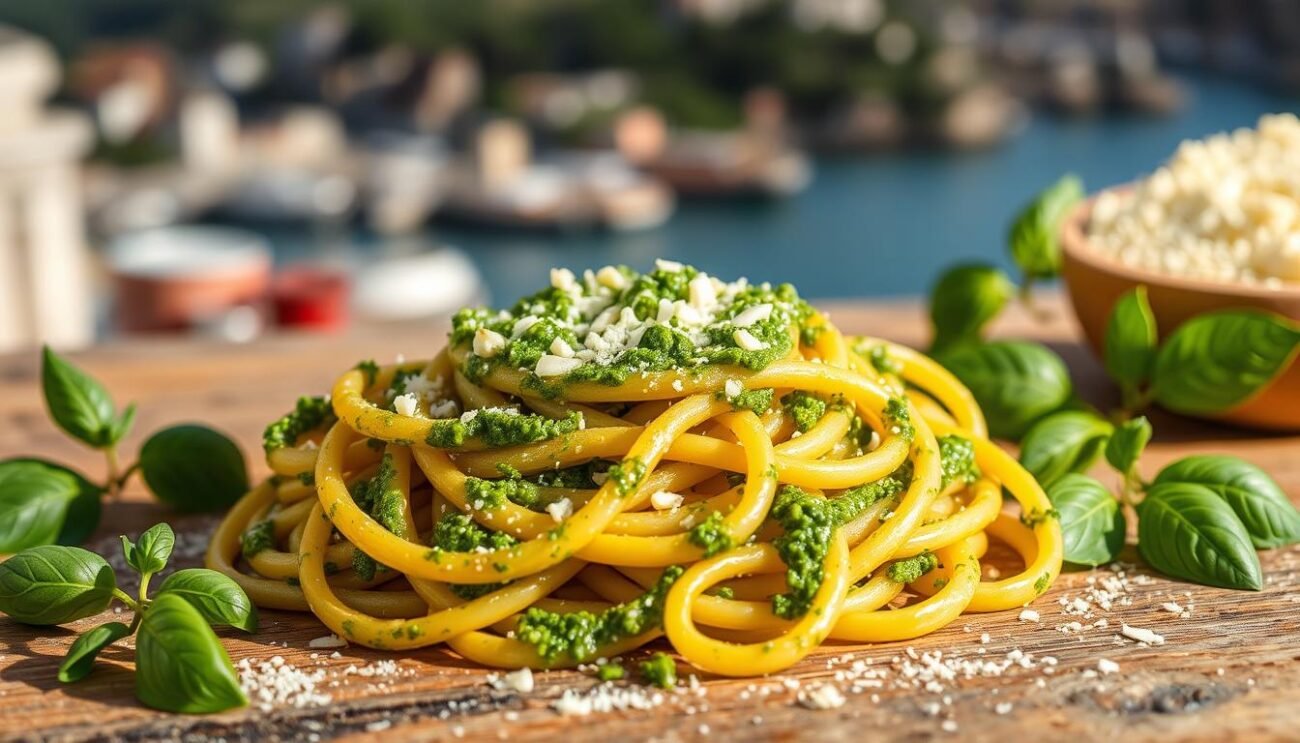 A vibrant trofie pasta dish, nestled on a rustic wooden surface, glistening with the vibrant green hues of freshly made pesto. The trofie, twisted and coiled, capture the essence of Ligurian cuisine, complemented by the rich, creamy texture of the pesto, made with fragrant basil, pine nuts, garlic, and Parmesan. The lighting casts a warm, inviting glow, accentuating the dish's artisanal charm. In the background, a blurred Italian landscape hints at the regional origins of this classic recipe, evoking the picturesque Riviera di Levante. This image captures the essence of a traditional Ligurian dish, showcasing the versatility and allure of the trofie al pesto variation.