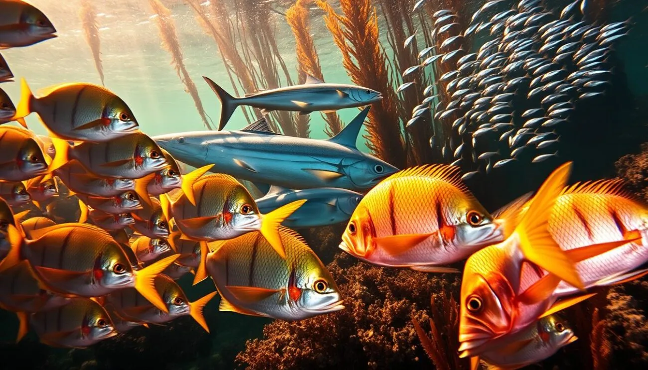 A vibrant underwater scene showcasing a diverse array of Italian fish species. The foreground features a school of colorful Mediterranean sea bream, their iridescent scales glimmering in the warm, golden-hued sunlight filtering through the crystal-clear waters. In the middle ground, a sleek tuna and a graceful swordfish swim side by side, while in the background, a cluster of silvery anchovies dart through the kelp forest. The composition is balanced and harmonious, capturing the regional maritime traditions and the bountiful marine life that has sustained coastal Italian communities for generations.