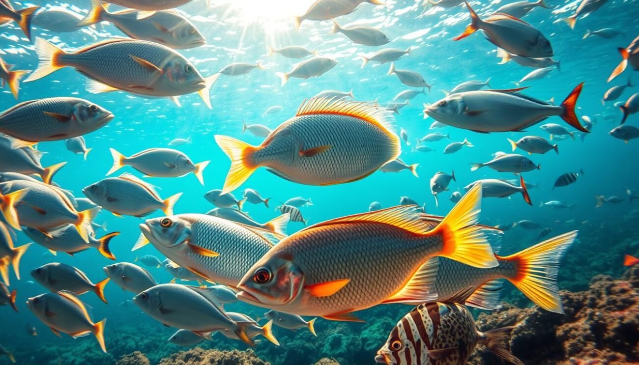 A vibrant underwater scene showcasing an array of captivating Italian fish species. The foreground features a school of sleek, iridescent sea bream swimming gracefully, their scales glimmering in the dappled sunlight filtering through the clear azure waters. In the middle ground, a majestic grouper hovers majestically, its muscular body poised and alert. The background is filled with a diverse tapestry of other native Italian fish, from the bold-patterned scorpionfish to the elegant and streamlined tuna. The entire composition is bathed in a warm, golden glow, evoking the Mediterranean charm and coastal traditions of Italy's renowned fishing heritage.