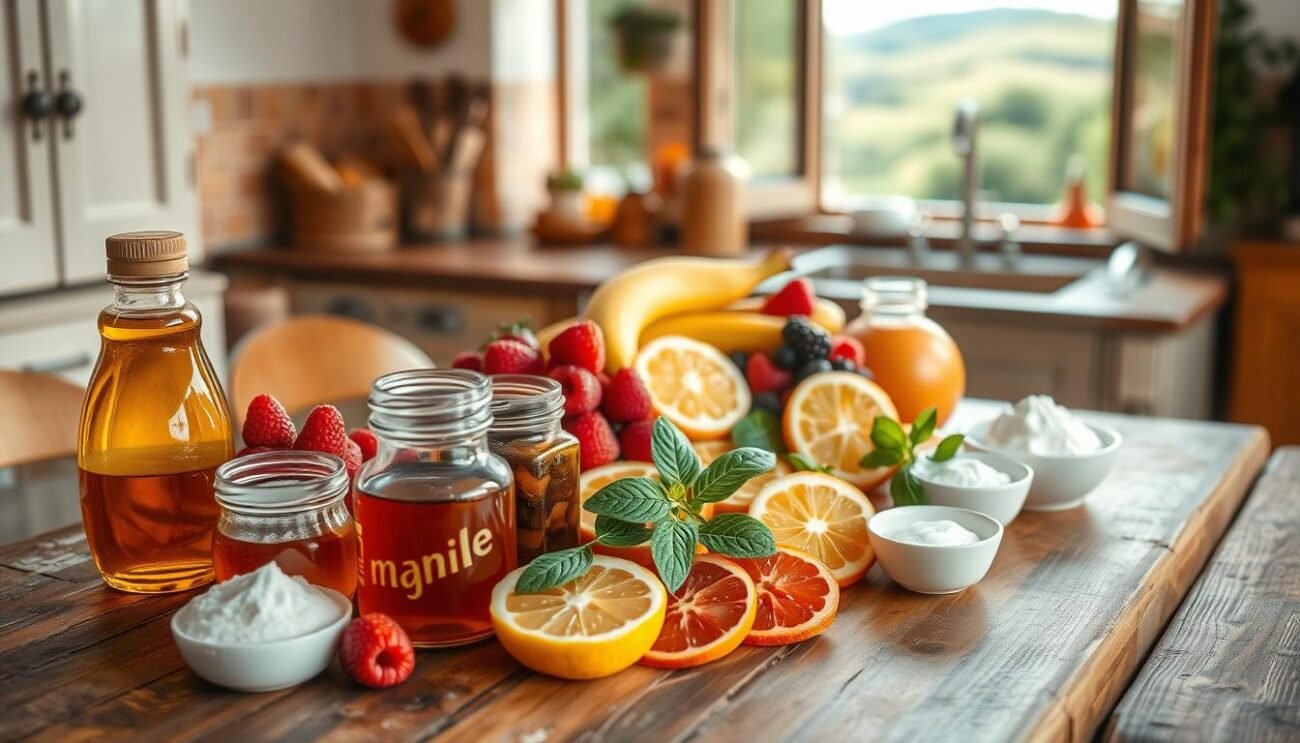 A visually appealing still life arrangement showcasing various healthy substitutes for sugar in baked goods. Placed on a rustic wooden table, the foreground features an array of natural sweeteners such as honey, maple syrup, agave nectar, and stevia leaves. The middle ground includes fresh fruits like berries, bananas, and citrus slices, while the background depicts a cozy Italian kitchen setting with terracotta tiles and a window overlooking a picturesque countryside. Soft, natural lighting creates a warm, inviting atmosphere, highlighting the vibrant colors and textures of the ingredients. The overall composition conveys a sense of balance, simplicity, and the potential for delicious, guilt-free desserts. A visually appealing still life arrangement showcasing various healthy substitutes for sugar in baked goods. Placed on a rustic wooden table, the foreground features an array of natural sweeteners such as honey, maple syrup, agave nectar, and stevia leaves. The middle ground includes fresh fruits like berries, bananas, and citrus slices, while the background depicts a cozy Italian kitchen setting with terracotta tiles and a window overlooking a picturesque countryside. Soft, natural lighting creates a warm, inviting atmosphere, highlighting the vibrant colors and textures of the ingredients. The overall composition conveys a sense of balance, simplicity, and the potential for delicious, guilt-free desserts.