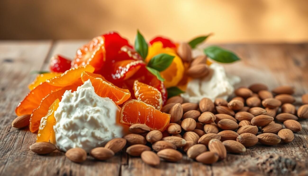 A visually appealing still life of the ingredients for the Sicilian cassata, presented on a rustic wooden table. In the foreground, a mound of fresh, creamy ricotta cheese nestled among vibrant candied citrus peels, their natural colors and textures creating a captivating contrast. In the middle ground, a scattering of whole and sliced almonds, their rich brown hues complementing the delicate whites and oranges. The background features a soft, ethereal lighting, casting a warm, inviting glow over the scene, evoking the traditional Sicilian culinary heritage. The composition is carefully balanced, with the ingredients artfully arranged to showcase their individual beauty and the harmony of the dish.