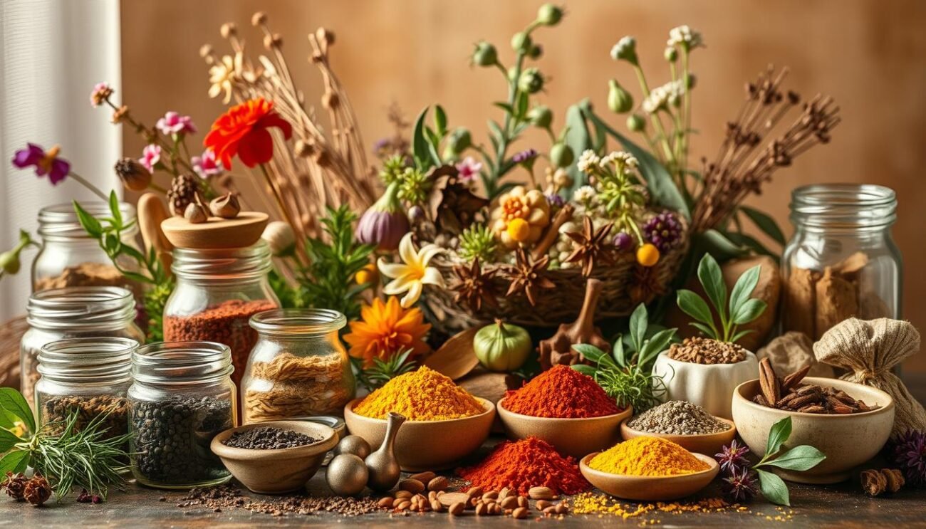 A visually captivating still life showcasing an array of aromatic spices, herbs, and floral elements arranged in a harmonious and artful composition. The scene is bathed in warm, diffused lighting, casting soft shadows and highlighting the vibrant colors and textures of the ingredients. In the foreground, a collection of glass jars and ceramic bowls hold a variety of fragrant spices, while the middle ground features fresh herbs, dried flowers, and other natural elements strategically placed to create a sense of balance and movement. The background is softly blurred, allowing the viewer to focus on the intricate and creative combination of aromas that take center stage. The overall mood is one of inspiration, inviting the viewer to explore the limitless possibilities of flavor pairing and culinary experimentation. A visually captivating still life showcasing an array of aromatic spices, herbs, and floral elements arranged in a harmonious and artful composition. The scene is bathed in warm, diffused lighting, casting soft shadows and highlighting the vibrant colors and textures of the ingredients. In the foreground, a collection of glass jars and ceramic bowls hold a variety of fragrant spices, while the middle ground features fresh herbs, dried flowers, and other natural elements strategically placed to create a sense of balance and movement. The background is softly blurred, allowing the viewer to focus on the intricate and creative combination of aromas that take center stage. The overall mood is one of inspiration, inviting the viewer to explore the limitless possibilities of flavor pairing and culinary experimentation.