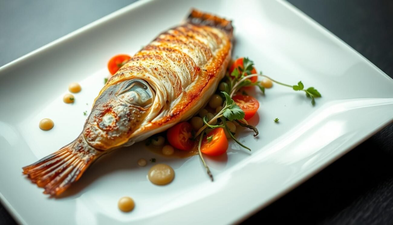 A visually striking dish of "persico" (perch), a traditional freshwater fish found in the alpine and pre-alpine lakes of Italy. The perch fillet is seared to a golden-brown crust, its flaky texture contrasted by a vibrant garnish of crisp vegetables and aromatic herbs. The plate is artfully arranged, with the fish strategically positioned to draw the eye, surrounded by a delicate composition of colors and textures that evoke the natural beauty of the lake region. Soft, diffused lighting casts a warm glow over the scene, creating an inviting and mouthwatering presentation that captures the essence of innovative, lake-inspired cuisine. A visually striking dish of "persico" (perch), a traditional freshwater fish found in the alpine and pre-alpine lakes of Italy. The perch fillet is seared to a golden-brown crust, its flaky texture contrasted by a vibrant garnish of crisp vegetables and aromatic herbs. The plate is artfully arranged, with the fish strategically positioned to draw the eye, surrounded by a delicate composition of colors and textures that evoke the natural beauty of the lake region. Soft, diffused lighting casts a warm glow over the scene, creating an inviting and mouthwatering presentation that captures the essence of innovative, lake-inspired cuisine.