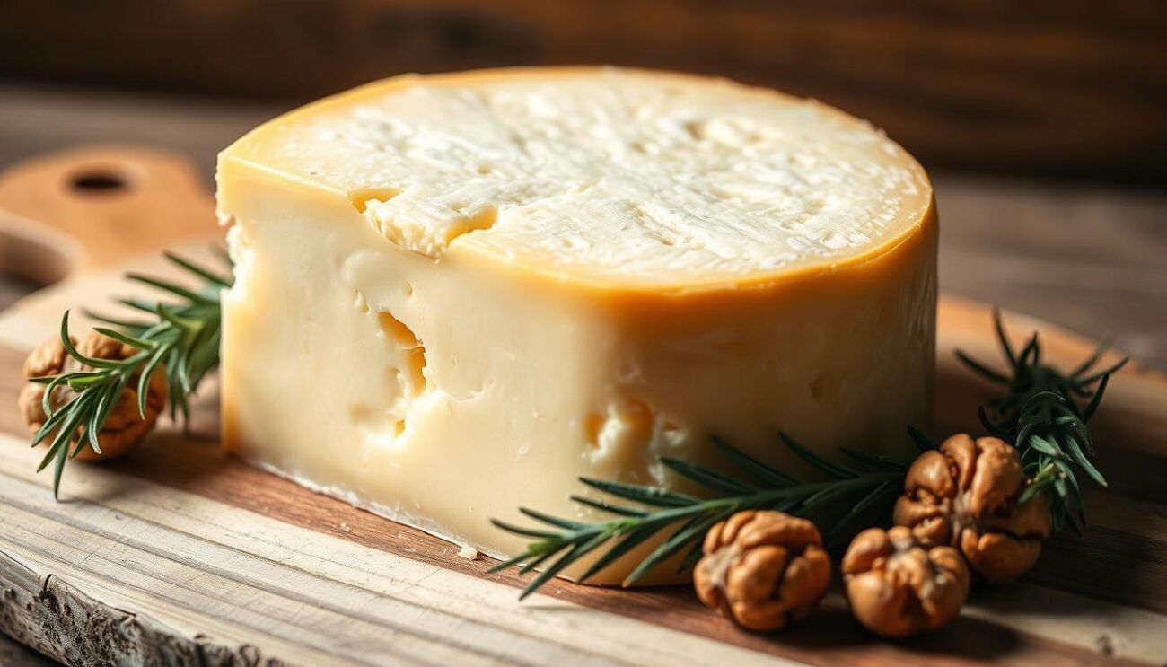 A warm, rustic still life showcasing a wedge of "Formaggella del Luinese" cheese. The creamy, pale-yellow interior is visible, surrounded by a thin, natural rind. The cheese sits atop a wooden board, accompanied by a few sprigs of fresh herbs, perhaps rosemary or thyme, and a small handful of walnuts. Soft, indirect lighting illuminates the scene, casting gentle shadows and highlighting the texture of the cheese and accoutrements. The overall composition evokes a sense of tradition, artisanal craftsmanship, and the pastoral landscapes of Lombardy, Italy, where this DOP cheese is produced.