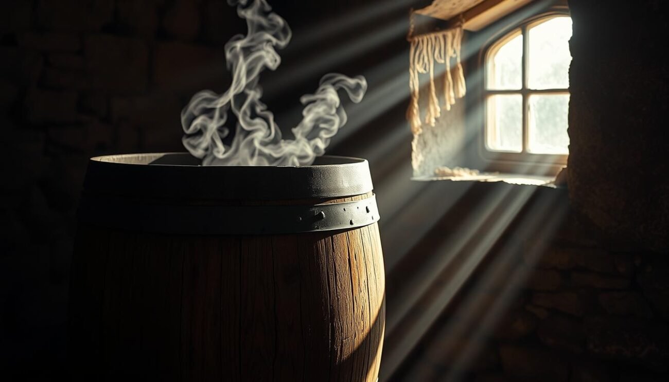 A weathered oak barrel stands in a dimly lit cellar, its surface etched with the passage of time. Rays of soft light filter through a nearby window, casting a warm glow on the aged wood. Wisps of aromatic steam rise from the open barrel, hinting at the complex flavors of the carefully matured beer within. Shadows dance across the stone walls, creating an atmospheric ambiance that evokes the art of traditional brewing. The scene exudes a sense of quiet contemplation, inviting the viewer to imagine the care and dedication that goes into crafting the perfect vintage ale.