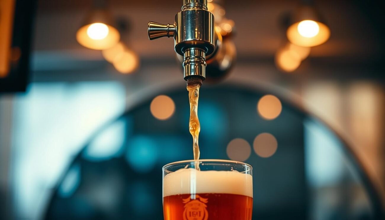 A well-lit, close-up view of a professional beer tapping system, showcasing the intricate technique of pouring the perfect draft beer. The focus is on the spigot and tap handle, with the glass positioned to capture the cascading, foamy pour. The background is blurred, emphasizing the precision of the action. Warm, ambient lighting casts subtle shadows, conveying the artistry and expertise involved in serving the ideal pint. The overall composition evokes the quintessential experience of enjoying a freshly poured, expertly-tapped craft beer. A well-lit, close-up view of a professional beer tapping system, showcasing the intricate technique of pouring the perfect draft beer. The focus is on the spigot and tap handle, with the glass positioned to capture the cascading, foamy pour. The background is blurred, emphasizing the precision of the action. Warm, ambient lighting casts subtle shadows, conveying the artistry and expertise involved in serving the ideal pint. The overall composition evokes the quintessential experience of enjoying a freshly poured, expertly-tapped craft beer.
