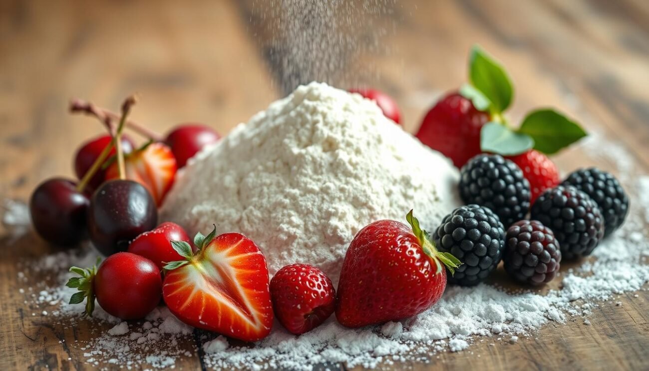 A well-lit, high-resolution photograph of a delicate pile of finely milled farina flour, lightly dusted over a selection of plump, juicy fresh fruits - such as cherries, strawberries, and blackberries - arranged artfully on a rustic wooden table. The lighting is soft and diffused, creating a warm, inviting atmosphere that highlights the natural colors and textures of the ingredients. The camera angle is slightly elevated, giving a slightly bird's-eye view of the scene, emphasizing the carefully composed arrangement. The overall mood is one of culinary elegance and the promise of a delicious, homemade dessert. A well-lit, high-resolution photograph of a delicate pile of finely milled farina flour, lightly dusted over a selection of plump, juicy fresh fruits - such as cherries, strawberries, and blackberries - arranged artfully on a rustic wooden table. The lighting is soft and diffused, creating a warm, inviting atmosphere that highlights the natural colors and textures of the ingredients. The camera angle is slightly elevated, giving a slightly bird's-eye view of the scene, emphasizing the carefully composed arrangement. The overall mood is one of culinary elegance and the promise of a delicious, homemade dessert.