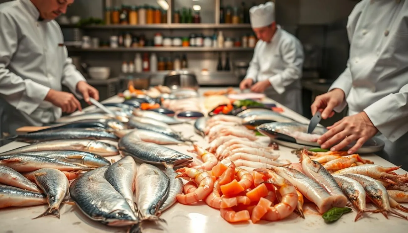 A well-lit kitchen counter, the surface covered in a variety of fresh seafood - glistening whole fish, cleaned shrimp, delicate fillets. Chefs in crisp white uniforms carefully handle the ingredients, demonstrating time-honored techniques like scaling, filleting, and butterflying. In the background, jars of aromatic spices and herbs stand ready to season the catch. The atmosphere is one of precision and culinary expertise, capturing the essence of traditional Italian fish preparation.