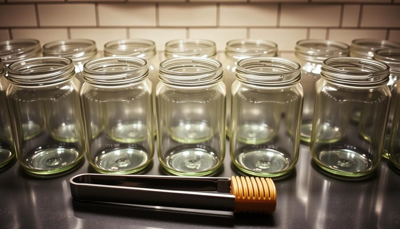 A well-lit kitchen countertop, with rows of clean, sterilized glass jars arranged in an orderly fashion. The jars have a classic, timeless design, their surfaces gleaming with a polished finish. In the foreground, a pair of tongs and a small brush sit neatly, indicating the recent completion of the sterilization process. The lighting casts a warm, soft glow, creating a sense of coziness and attention to detail. The background features a tiled wall, adding a touch of rustic charm to the scene. This image captures the essence of home-preserving, highlighting the importance of proper sterilization for safe and delicious homemade jams and preserves.