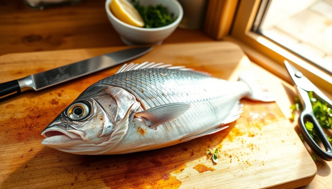 A well-seasoned and freshly cleaned orata (sea bream) rests on a wooden cutting board, its silvery scales glistening under the warm, natural light streaming in from a nearby window. The fish's vibrant eyes and delicate fins suggest its recent arrival from the ocean. Flanking the orata are a selection of kitchen tools - a sharp filleting knife, a pair of sturdy kitchen shears, and a small bowl filled with aromatic herbs and lemon wedges, hinting at the upcoming preparation and cooking process. The overall scene evokes a sense of culinary anticipation, reflecting the traditional Sardinian approach to preparing and cooking a mixed seafood grill. A well-seasoned and freshly cleaned orata (sea bream) rests on a wooden cutting board, its silvery scales glistening under the warm, natural light streaming in from a nearby window. The fish's vibrant eyes and delicate fins suggest its recent arrival from the ocean. Flanking the orata are a selection of kitchen tools - a sharp filleting knife, a pair of sturdy kitchen shears, and a small bowl filled with aromatic herbs and lemon wedges, hinting at the upcoming preparation and cooking process. The overall scene evokes a sense of culinary anticipation, reflecting the traditional Sardinian approach to preparing and cooking a mixed seafood grill.