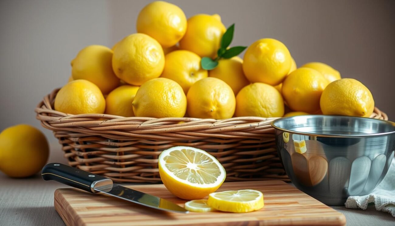 A wicker basket overflows with vibrant, sun-kissed lemons, their pale yellow skin glistening under soft, diffused lighting. In the foreground, a cutting board and a sharp knife await, ready to slice and reveal the tart, juicy flesh within. A stainless steel bowl stands nearby, hinting at the cool, refreshing sorbet to come. The background is a simple, neutral tone, allowing the ingredients to take center stage and capture the essence of a classic, Sicilian lemon sorbet recipe. A wicker basket overflows with vibrant, sun-kissed lemons, their pale yellow skin glistening under soft, diffused lighting. In the foreground, a cutting board and a sharp knife await, ready to slice and reveal the tart, juicy flesh within. A stainless steel bowl stands nearby, hinting at the cool, refreshing sorbet to come. The background is a simple, neutral tone, allowing the ingredients to take center stage and capture the essence of a classic, Sicilian lemon sorbet recipe.