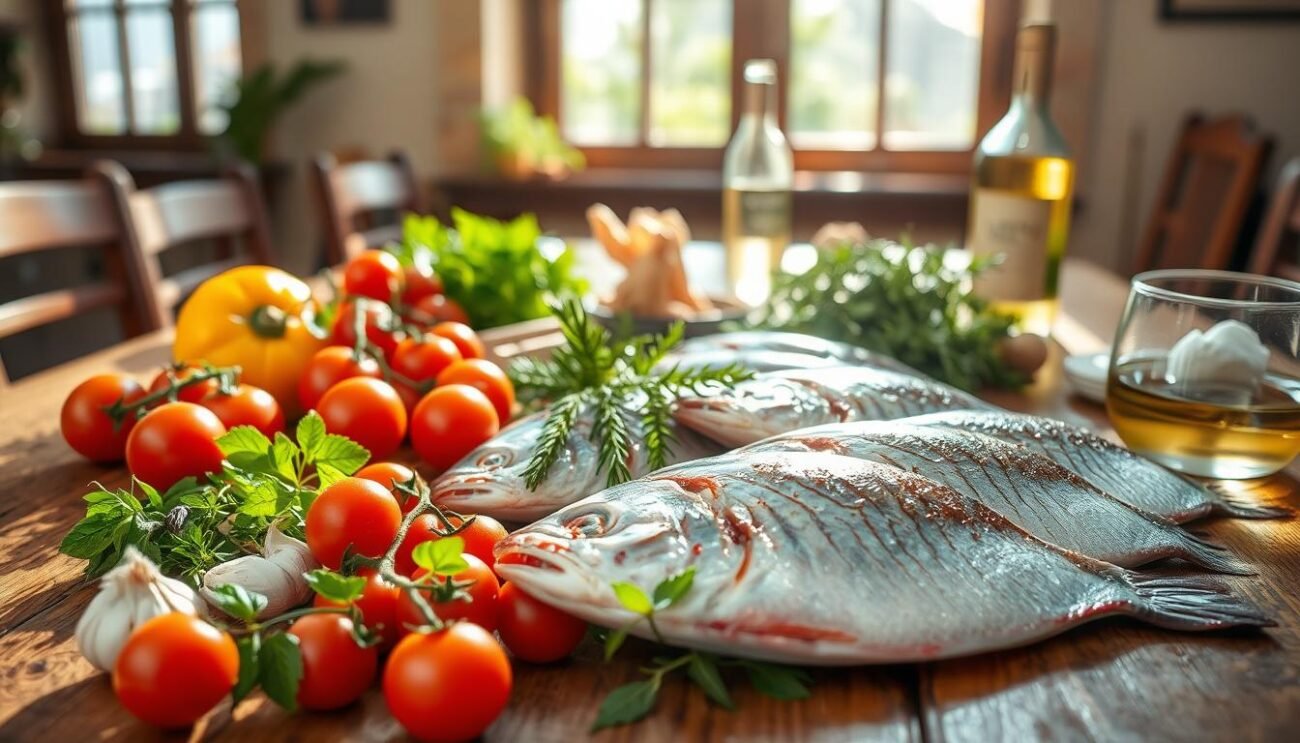 A wooden table laden with fresh ingredients for a classic Roman-style fish stew: glistening fillets of red mullet, vibrant cherry tomatoes, fragrant herbs, garlic, and a splash of white wine. Warm Mediterranean sunlight filters through large windows, casting a soft, inviting glow over the scene. The carefully curated arrangement of these rustic elements evokes the comforting, homemade essence of the "Filetti di Triglia in Guazzetto Romano" dish.