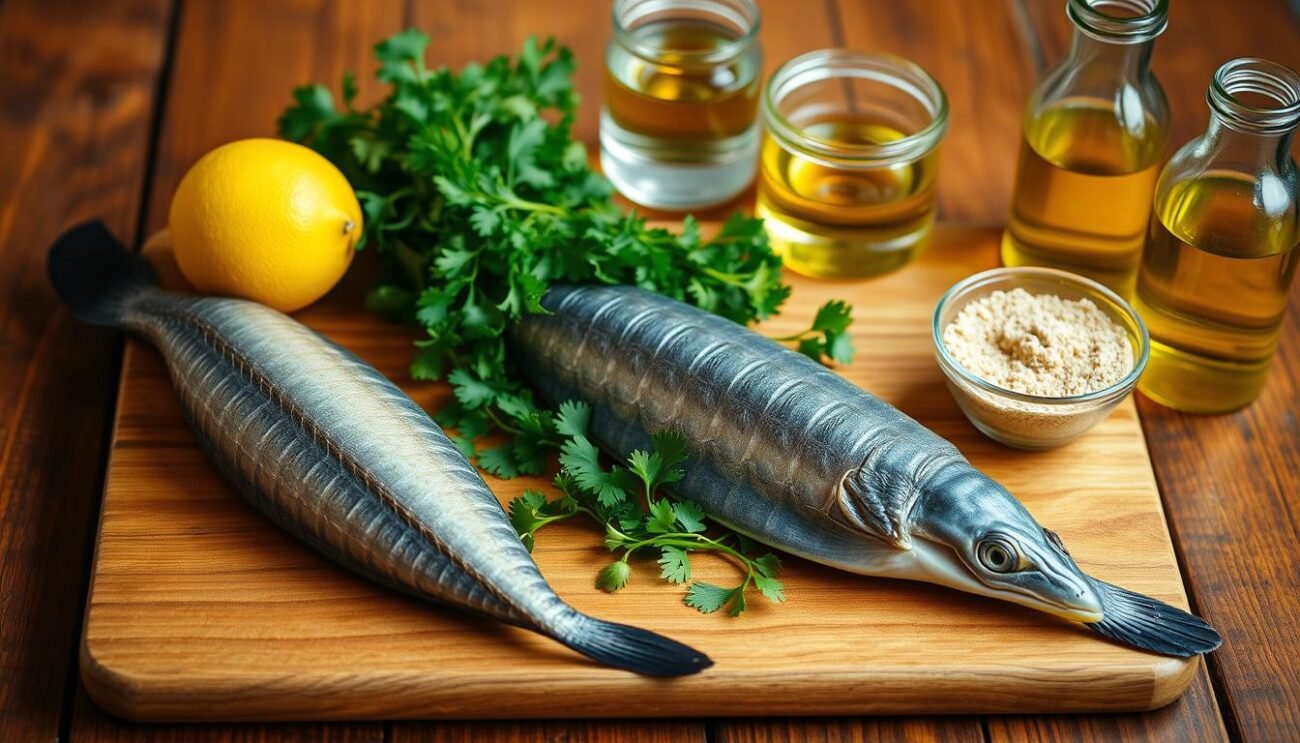 A wooden table set with fresh ingredients for the traditional Marchigiana recipe of Anguilla in Carpione. On the table, a whole eel, a bundle of fresh parsley, a lemon, a glass of vinegar, a bowl of breadcrumbs, and a jar of oil. The lighting is warm and natural, highlighting the textures and colors of the ingredients. The composition is balanced and inviting, capturing the essence of this classic Italian dish. A wooden table set with fresh ingredients for the traditional Marchigiana recipe of Anguilla in Carpione. On the table, a whole eel, a bundle of fresh parsley, a lemon, a glass of vinegar, a bowl of breadcrumbs, and a jar of oil. The lighting is warm and natural, highlighting the textures and colors of the ingredients. The composition is balanced and inviting, capturing the essence of this classic Italian dish.