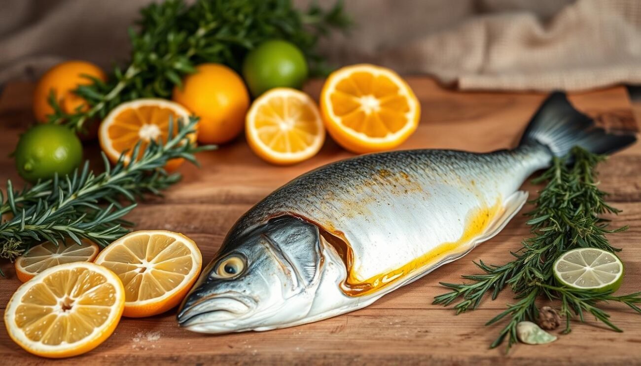 A wooden table with a variety of fresh Mediterranean ingredients for preparing the classic Tuscan dish, Orata al Cartoccio. In the foreground, vibrant slices of lemon, orange, and lime. Alongside, sprigs of fragrant rosemary, thyme, and fennel fronds. In the middle ground, a whole orata fish, glistening with olive oil, ready to be seasoned and baked in parchment paper. The background features a rustic, textured surface, perhaps a weathered wooden board or a linen cloth, lending a warm, earthy tone to the scene. Soft, natural lighting casts gentle shadows, highlighting the vibrant colors and textures of the ingredients. An elegant, yet approachable composition that evokes the flavors and aromas of the Tuscan coast.
