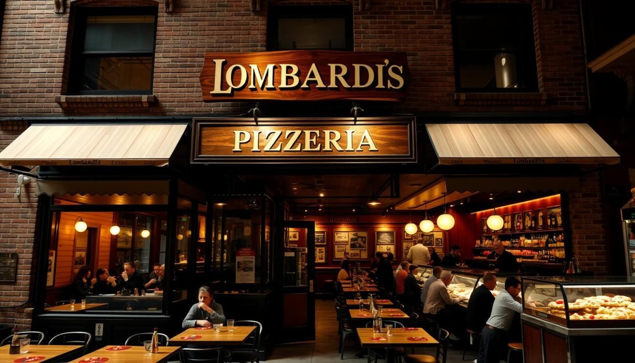 An early 20th century brick facade with large front windows, a prominent wooden sign reading "Lombardi's Pizzeria", and a few decorative awnings over the entrance. The interior is dimly lit, with a bustling atmosphere of patrons enjoying fresh-baked pizzas at wooden tables. The counter is lined with glass display cases showcasing various toppings and fresh ingredients. Wooden beams and brick walls create a cozy, old-world ambiance, transporting the viewer to the early days of America's pizza culture in New York City.