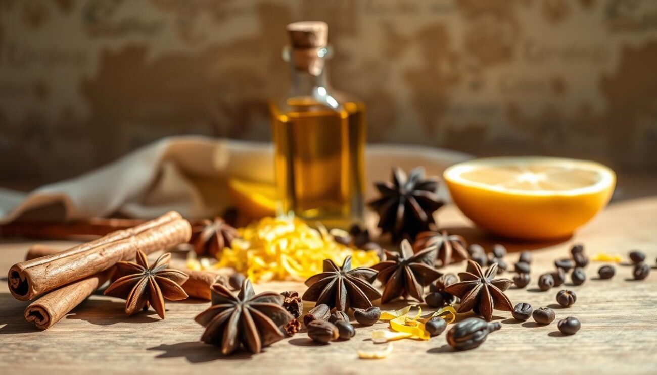 An elegant still life showcasing an assortment of aromatic ingredients commonly used in Italian desserts. In the foreground, a selection of whole spices - cinnamon sticks, star anise, and whole cloves - are artfully arranged on a wooden surface. In the middle ground, a glass bottle filled with golden vanilla extract stands alongside a scattering of fragrant citrus zest. In the background, a faded Italian textural backdrop hints at the culinary tradition and heritage behind these cherished flavors. Soft, natural lighting casts gentle shadows, evoking a sense of warmth and timelessness. This image captures the essence of "l'importanza degli aromi nei dolci" - the vital role that aromatic ingredients play in elevating the flavors and allure of Italian pastries and confections. An elegant still life showcasing an assortment of aromatic ingredients commonly used in Italian desserts. In the foreground, a selection of whole spices - cinnamon sticks, star anise, and whole cloves - are artfully arranged on a wooden surface. In the middle ground, a glass bottle filled with golden vanilla extract stands alongside a scattering of fragrant citrus zest. In the background, a faded Italian textural backdrop hints at the culinary tradition and heritage behind these cherished flavors. Soft, natural lighting casts gentle shadows, evoking a sense of warmth and timelessness. This image captures the essence of "l'importanza degli aromi nei dolci" - the vital role that aromatic ingredients play in elevating the flavors and allure of Italian pastries and confections.