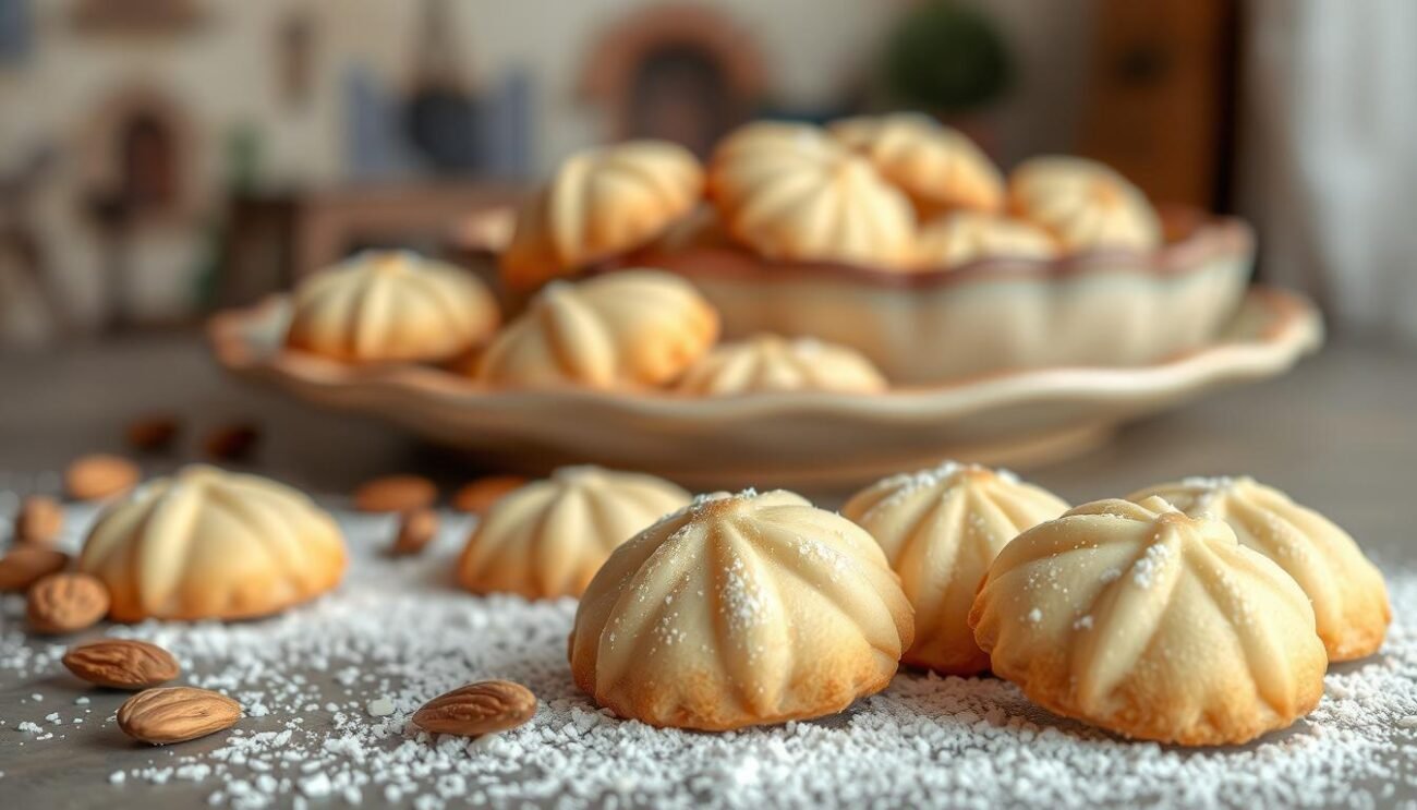 An elegantly styled scene showcasing traditional Italian amaretti biscuits. In the foreground, a delicate arrangement of freshly baked amaretti, their golden-brown crusts and soft, pillowy interiors shining under soft, diffused lighting. Behind them, a sprinkling of finely chopped almonds and a dusting of powdered sugar evoke the simple, yet refined ingredients that define these classic Italian treats. In the middle ground, a vintage-inspired ceramic platter or plate provides a rustic, earthy backdrop, while the background features a subtly blurred Italian villa or cafe setting, hinting at the rich cultural heritage and artisanal tradition surrounding these beloved confections.
