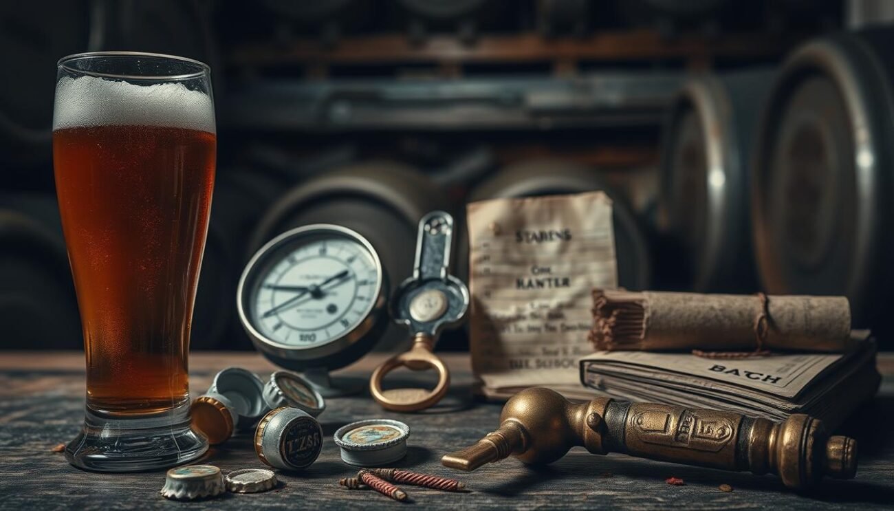 An intriguing still life capturing the flaws and imperfections of the beloved beer. In the foreground, a glass of amber liquid with a cloudy haze, hinting at off-flavors or poor filtering. Beside it, a few discarded bottle caps and a tarnished brass tap handle, remnants of a less-than-perfect brew. The middle ground features a collection of beer-related paraphernalia - a tarnished hydrometer, a worn-out bottle opener, and a discolored batch log - all pointing to the challenges of maintaining beer quality. In the background, a dimly lit cellar setting, with shadowy shelves hinting at aged, forgotten kegs. The overall tone is one of introspection, a subtle reminder that even the most cherished beverages can be susceptible to common, yet critical, defects.