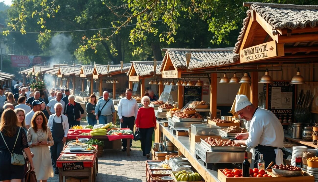An outdoor food festival featuring a variety of artisanal food stalls, each showcasing the rich culinary heritage of the Castelpoto region. Rows of rustic wooden stands with thatched roofs and handpainted signs, adorned with vibrant regional produce and traditional cookware. In the foreground, local chefs skillfully prepare signature dishes using the prized Nero di Castelpoto pork, their movements captured in a warm, golden light. Wandering crowds immerse themselves in the lively atmosphere, the aroma of sizzling meats and spices mingling with the gentle hum of conversation. A captivating scene that celebrates the gastronomic treasures of this beloved annual festival.