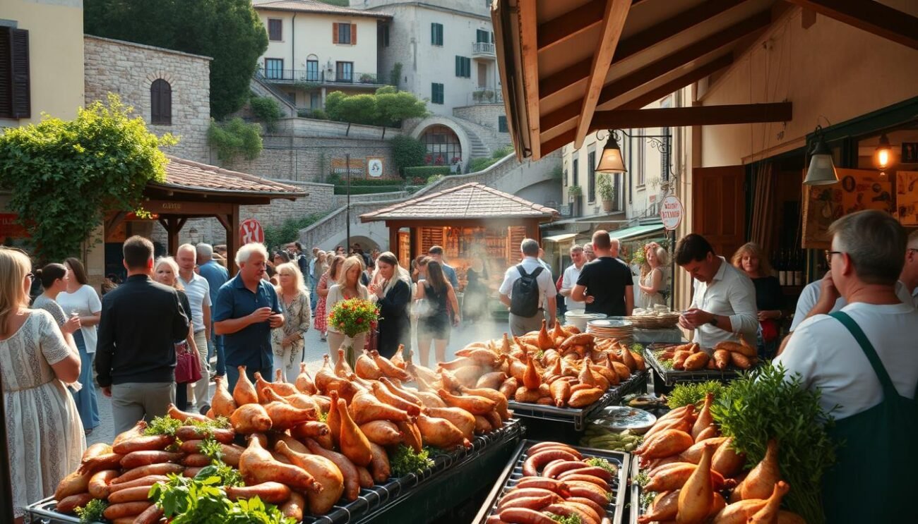 An outdoor scene in a picturesque Italian village, featuring a lively "Festa del Pollo Nostrano" celebration. In the foreground, a bustling market stall overflows with an assortment of freshly roasted chickens, sizzling sausages, and fragrant herbs. Clusters of locals and visitors mingle, sipping on local wines and sampling the delectable gastronomic specialties. In the middle ground, a traditional wooden pavilion hosts a vibrant display of regional crafts and folk performances, while the background showcases the charming architecture of the village, with its winding cobblestone streets and lush gardens. The scene is bathed in warm, golden light, creating a cozy and inviting atmosphere that captures the essence of this beloved annual festival.
