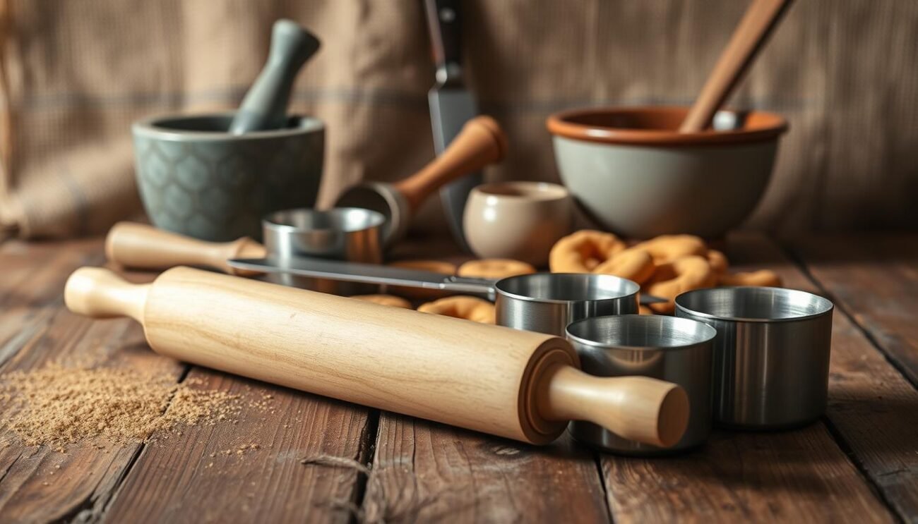 Centered on a rustic wooden table, an assortment of traditional Italian kitchen tools lay neatly arranged. In the foreground, a sturdy rolling pin and a set of stainless steel measuring cups catch the soft, warm light. Behind them, a mortar and pestle sit alongside a well-used wooden spoon, hinting at the preparation of artisanal ingredients. In the middle ground, a sleek, sharp chef's knife rests next to a vintage ceramic bowl, evoking the craftsmanship of Tuscan baking. In the background, a backdrop of natural textures, such as burlap or linen, creates a cozy, homespun atmosphere, perfect for the creation of authentic Cantucci cookies.