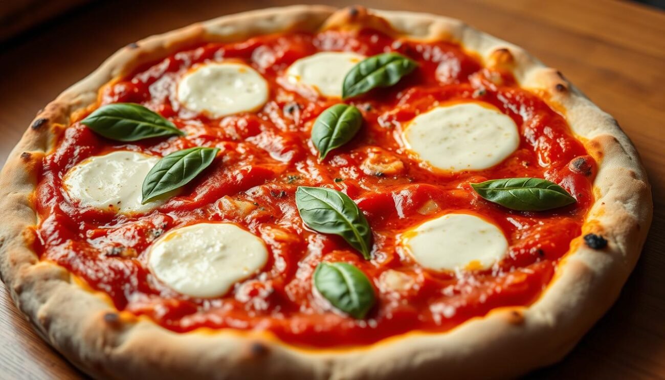 Delectable pizza Margherita, a classic Italian masterpiece. Crisp, golden crust cradles a sea of glistening tomato sauce, dotted with creamy mozzarella and vibrant basil leaves. The aroma of freshly baked dough and aromatic herbs fills the air, transporting the viewer to a quaint Italian trattoria. Warm, soft lighting casts a cozy glow, highlighting the rustic yet refined nature of this iconic dish. The composition is balanced, with the pizza taking center stage, surrounded by a simple, uncluttered background that allows the ingredients to shine. This image perfectly captures the essence of the legendary pizza Margherita, a testament to the rich culinary traditions of Italy. Delectable pizza Margherita, a classic Italian masterpiece. Crisp, golden crust cradles a sea of glistening tomato sauce, dotted with creamy mozzarella and vibrant basil leaves. The aroma of freshly baked dough and aromatic herbs fills the air, transporting the viewer to a quaint Italian trattoria. Warm, soft lighting casts a cozy glow, highlighting the rustic yet refined nature of this iconic dish. The composition is balanced, with the pizza taking center stage, surrounded by a simple, uncluttered background that allows the ingredients to shine. This image perfectly captures the essence of the legendary pizza Margherita, a testament to the rich culinary traditions of Italy.