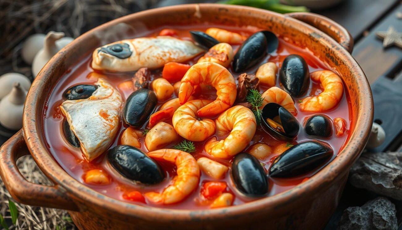 Elaborate and delectable seafood stew, "brodetto di pesce", simmering with a medley of fresh, local catches. Glistening fillets of fish, plump shrimp, and succulent mussels immersed in a savory, tomato-based broth, seasoned with aromatic herbs and spices. Simmered to perfection over an open flame, the dish emanates an inviting aroma that tantalizes the senses. Captured in a rustic, earthenware pot, the scene evokes the warmth and tradition of coastal Italian cuisine. Illuminated by soft, natural lighting, the image conveys a sense of homespun comfort and culinary craftsmanship. Presented against a backdrop of simple, natural elements, the focus remains firmly on the captivating essence of this regional delicacy. Elaborate and delectable seafood stew, "brodetto di pesce", simmering with a medley of fresh, local catches. Glistening fillets of fish, plump shrimp, and succulent mussels immersed in a savory, tomato-based broth, seasoned with aromatic herbs and spices. Simmered to perfection over an open flame, the dish emanates an inviting aroma that tantalizes the senses. Captured in a rustic, earthenware pot, the scene evokes the warmth and tradition of coastal Italian cuisine. Illuminated by soft, natural lighting, the image conveys a sense of homespun comfort and culinary craftsmanship. Presented against a backdrop of simple, natural elements, the focus remains firmly on the captivating essence of this regional delicacy.