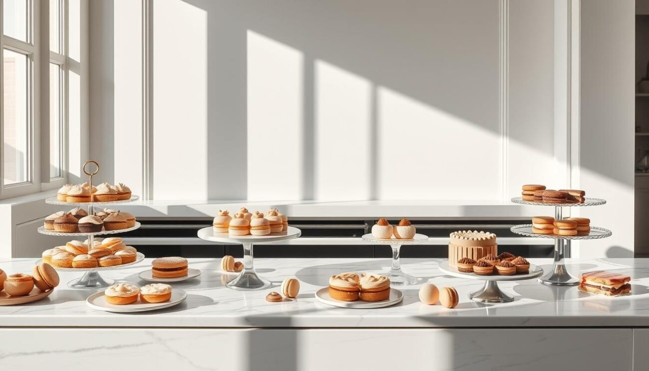 Elegant and minimalist pasticceria showcasing refined baked goods without added sugar. Sunlit display of delicate pastries, tarts, and macarons arranged on a marble countertop. Crisp white walls and sleek chrome accents create a modern, sophisticated ambiance. Muted color palette with soft beige, cream, and hints of gold evoke a sense of understated luxury. Dramatic side lighting casts dramatic shadows, highlighting the intricate textures and natural shapes of the handcrafted confections. A tranquil, aspirational scene that embodies the artistry and balance of sugar-free pastry making.