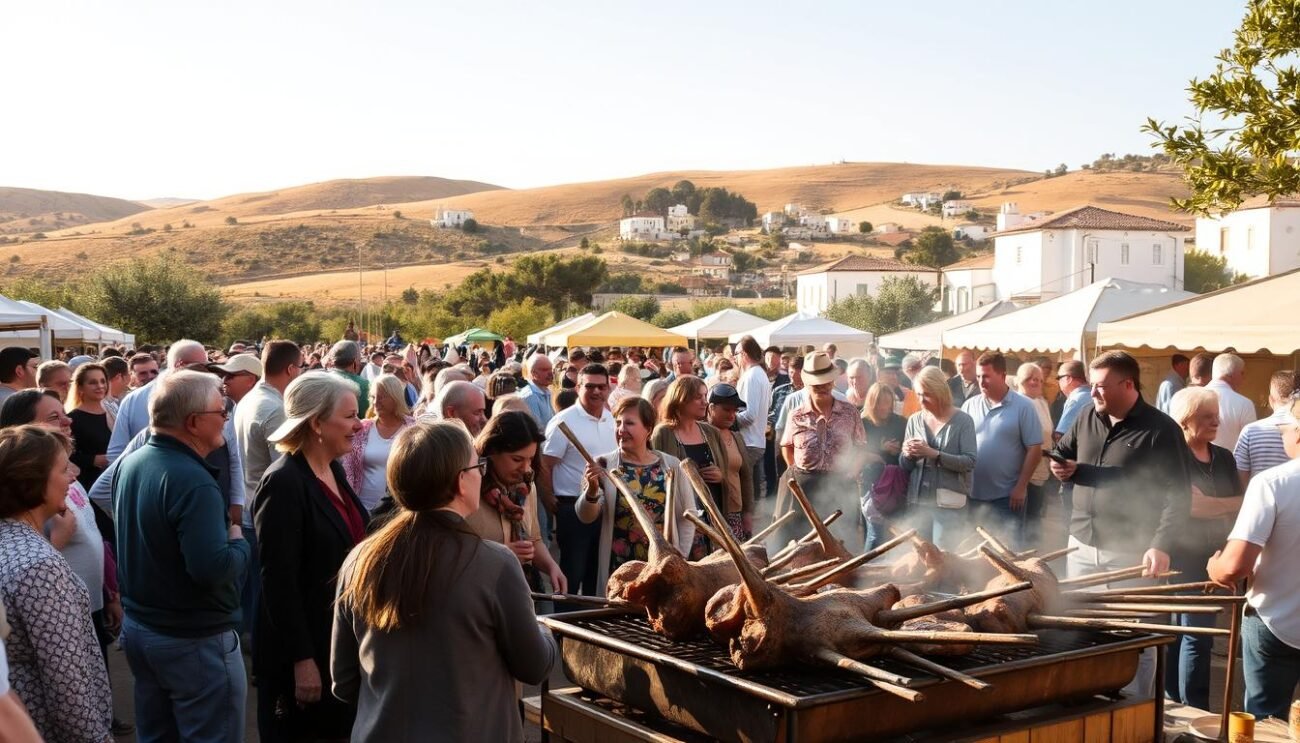 Festa dell'Agnello di Carovigno: a rustic outdoor festival in the heart of Puglia, Italy. In the foreground, a crowd gathers around a sizzling lamb roast, the aroma wafting through the air. Families and friends laugh and converse, savoring the traditional dish. In the middle ground, colorful tents and stalls offer an array of local artisanal crafts and produce. The background features rolling hills, dotted with olive trees and whitewashed buildings, creating a picturesque Puglian landscape. Warm, golden sunlight bathes the scene, evoking a sense of timeless tradition and community. The atmosphere is one of celebration, culture, and the enduring spirit of Puglia's culinary heritage.