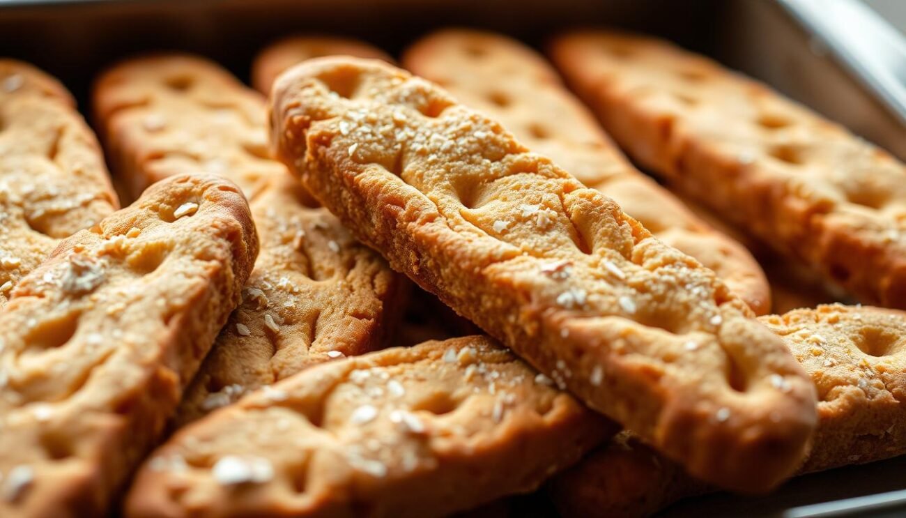 Freshly baked biscotti, their golden brown hues glistening under the soft, warm lighting. Delicate almond and vanilla notes waft through the air, inviting the senses. Carefully crafted without added sugar, these biscuits stand as a healthier indulgence, perfect for an afternoon tea or a light holiday treat. Arranged in an artful display, the biscotti are captured at a slight angle, highlighting their elegant elongated shape and delicate texture. The image evokes a cozy, homemade atmosphere, perfect for illustrating practical tips on preparing and storing these guilt-free holiday favorites.