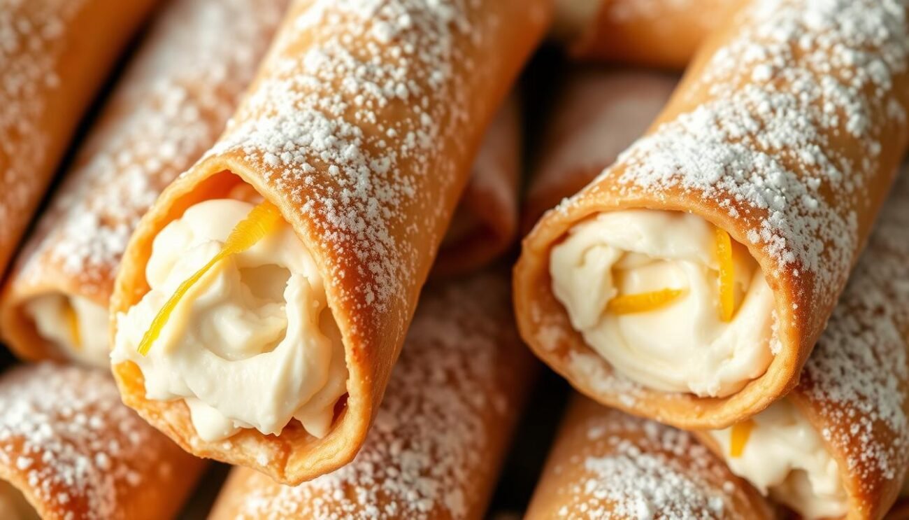 Freshly baked cannoli siciliani, their crisp golden shells glistening in the soft light. Inside, a luscious filling of sweetened ricotta, infused with the essence of vanilla and gently spiced with cinnamon. Vibrant citrus zest adds a tantalizing brightness, complementing the natural sweetness. Adorned with a light dusting of powdered sugar, these decadent pastries evoke the sun-drenched streets of Sicily. A mouthwatering display, capturing the essence of traditional dolci sani, free from refined sugars and artificial additives.