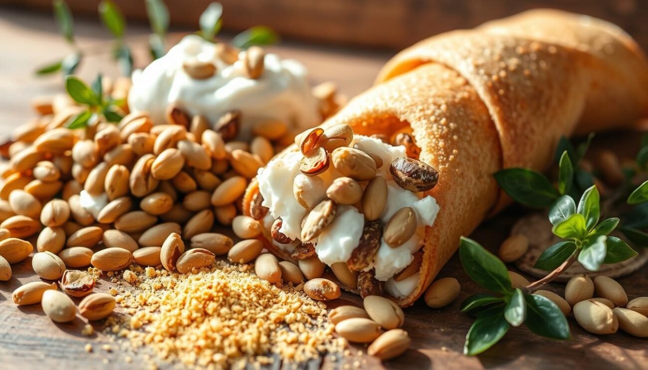 Freshly gathered ingredients for healthier Sicilian cannoli: a vibrant medley of creamy ricotta, crunchy pistachios, and a sprinkle of aromatic vanilla. The scene is bathed in warm, natural light, highlighting the rich colors and textures. The cannoli shells, delicately golden, stand ready to be filled with the indulgent yet guilt-free filling. A backdrop of rustic wooden surfaces and a touch of greenery creates an authentic, Italian atmosphere. The overall composition conveys a sense of simplicity, quality, and balance, reflecting the ethos of the "Cannoli Siciliani Dietetici" recipe.